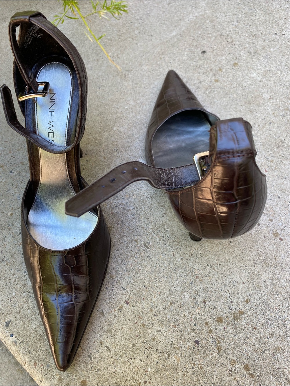 Nine West Brown Croc-Embossed Pointed Toe Ankle-Strap Pumps - Picture 2 of 3